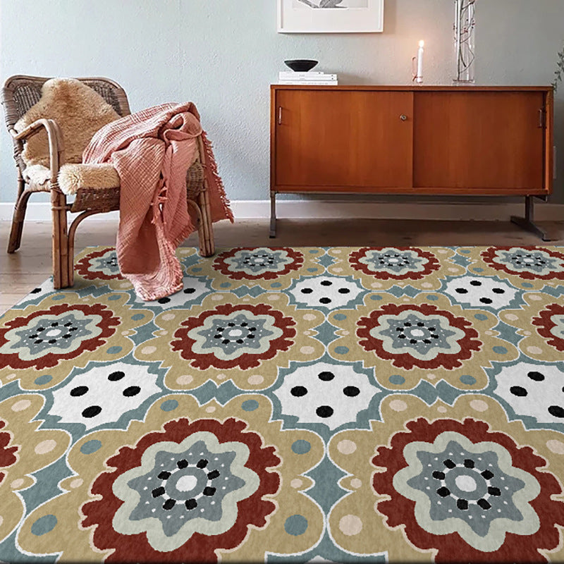 Lisslune | Persian plaid rug with floral yellow polyester rug machine washable non-slip rug for the living room