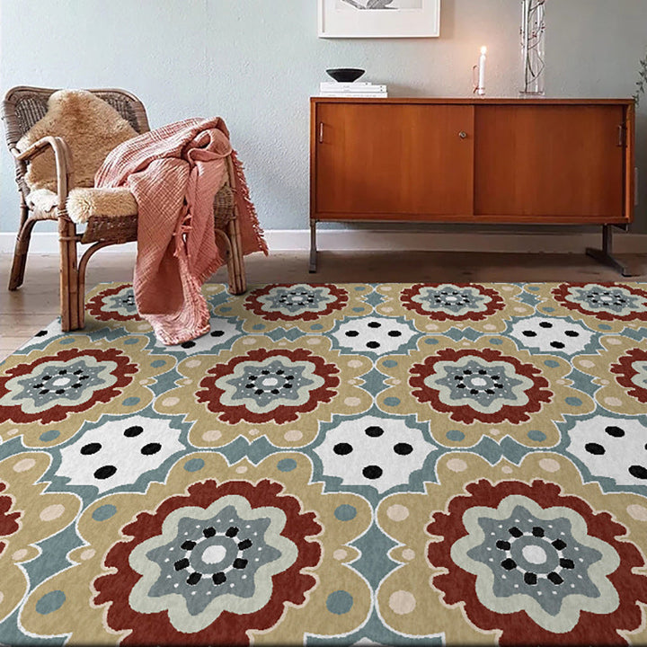 Lisslune | Persian plaid rug with floral yellow polyester rug machine washable non-slip rug for the living room