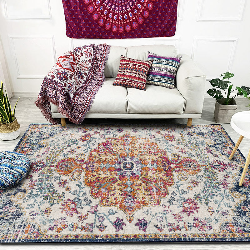 Lisslune | Orange Moroccan Carpet Polyester Medallion Pattern Carpet Washable Non-Slip Base Carpet for Living Room