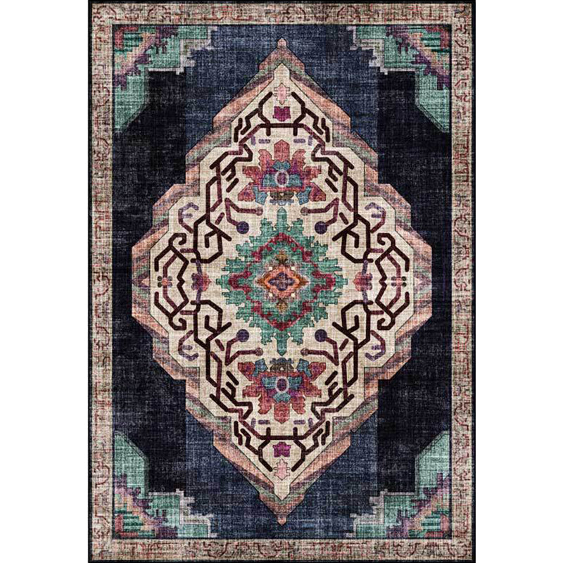 Lisslune | Vintage Medallion Pattern Rug Black Polyester Rug Machine Washable Non-Slip Rug for the Living Room