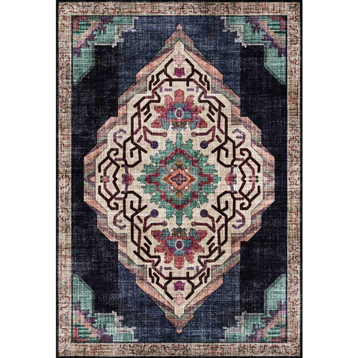 Lisslune | Vintage Medallion Pattern Rug Black Polyester Rug Machine Washable Non-Slip Rug for the Living Room