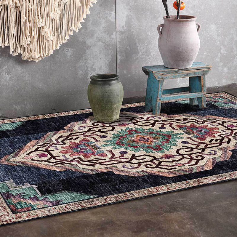 Lisslune | Vintage Medallion Pattern Rug Black Polyester Rug Machine Washable Non-Slip Rug for the Living Room