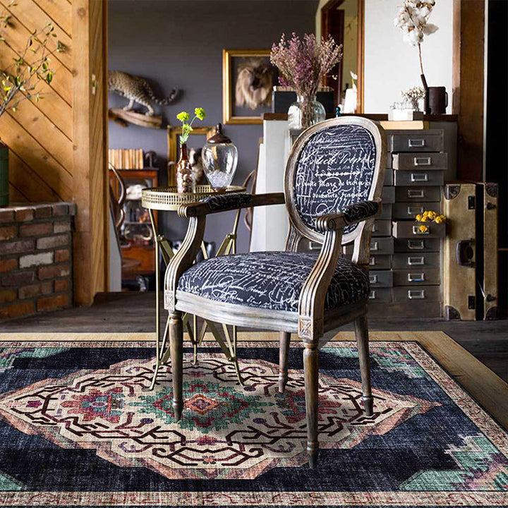 Lisslune | Vintage Medallion Pattern Rug Black Polyester Rug Machine Washable Non-Slip Rug for the Living Room