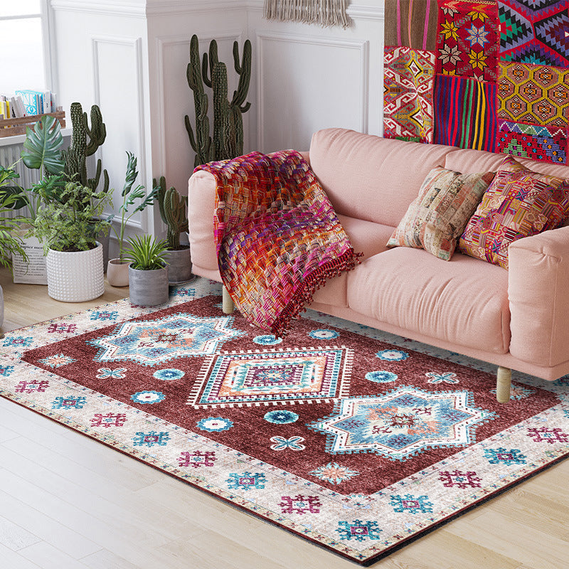 Lisslune | Washed Medallion Pattern Rug Red Moroccan Rug Polyester Machine Washable Non-Slip Area Rug for Bedroom