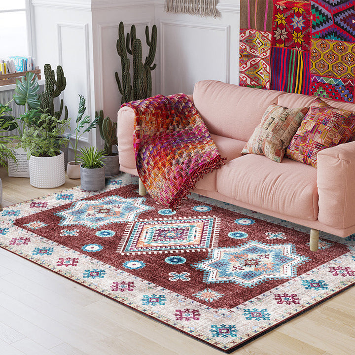 Lisslune | Washed Medallion Pattern Rug Red Moroccan Rug Polyester Machine Washable Non-Slip Area Rug for Bedroom