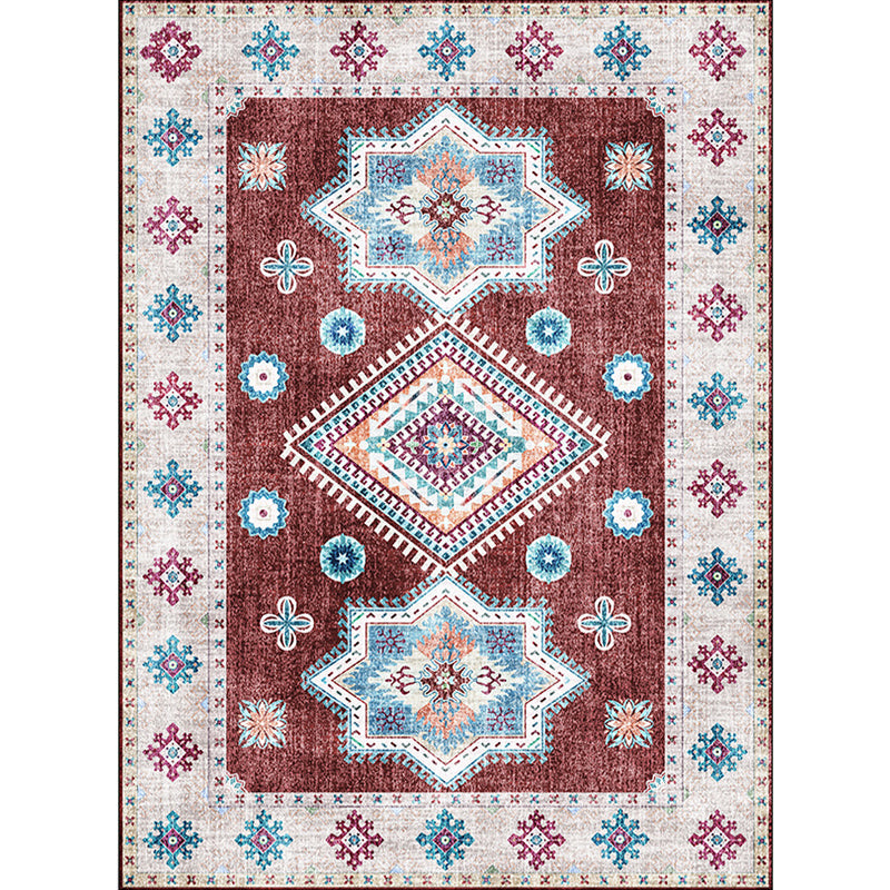 Lisslune | Washed Medallion Pattern Rug Red Moroccan Rug Polyester Machine Washable Non-Slip Area Rug for Bedroom