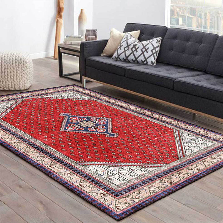 Lisslune | Tribal Medallion Pattern Rug Red Mediterranean Rug Polyester Machine Washable Non-Slip Rug for the Bedroom