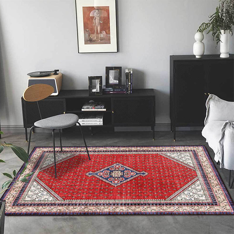 Lisslune | Tribal Medallion Pattern Rug Red Mediterranean Rug Polyester Machine Washable Non-Slip Rug for the Bedroom