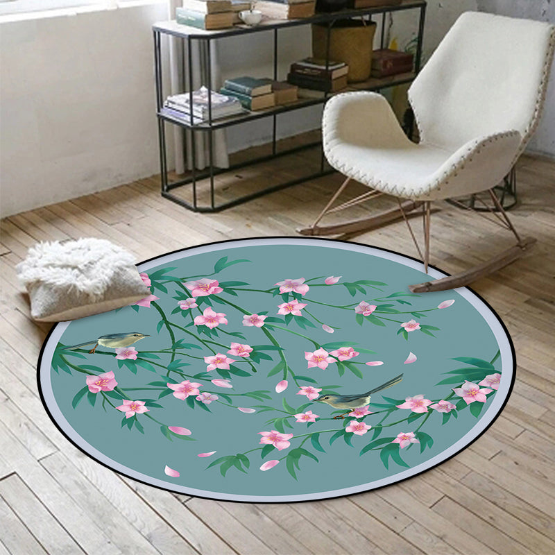 Lisslune | Retro Floral Pattern rug with bird and leaf Blue Oriental rug Polyester Washable Non-slip backing rug for living room