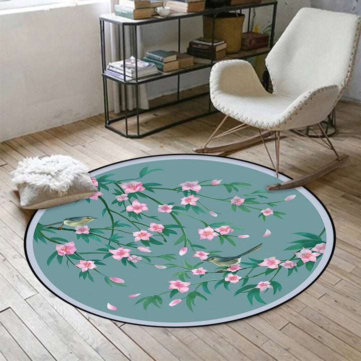 Lisslune | Retro Floral Pattern rug with bird and leaf Blue Oriental rug Polyester Washable Non-slip backing rug for living room