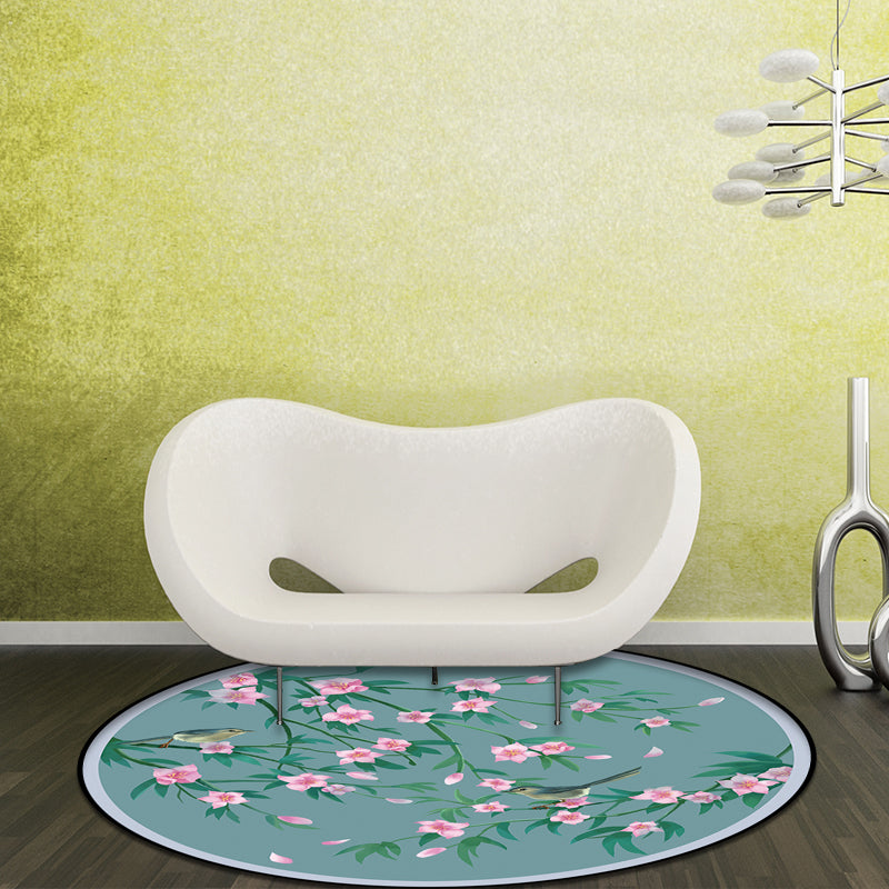 Lisslune | Retro Floral Pattern rug with bird and leaf Blue Oriental rug Polyester Washable Non-slip backing rug for living room