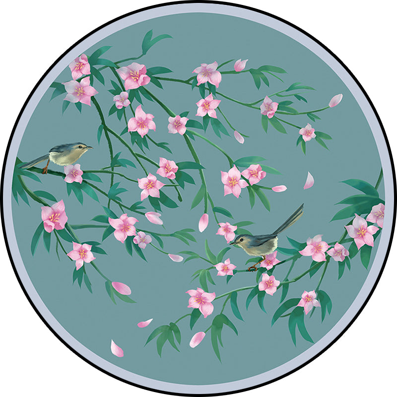 Lisslune | Retro Floral Pattern rug with bird and leaf Blue Oriental rug Polyester Washable Non-slip backing rug for living room