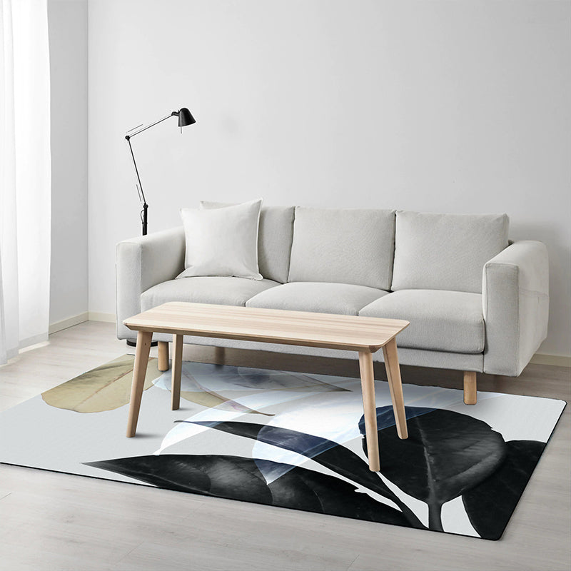 Lisslune | Black and White Oriental Carpet Polyester Leaf Pattern Carpet Washable Non-Slip Backing Rug for Living Room