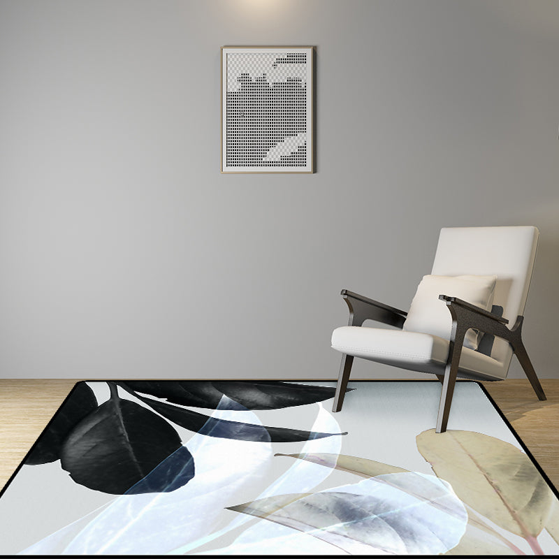 Lisslune | Black and White Oriental Carpet Polyester Leaf Pattern Carpet Washable Non-Slip Backing Rug for Living Room