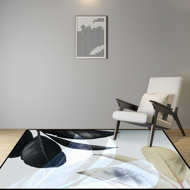 Lisslune | Black and White Oriental Carpet Polyester Leaf Pattern Carpet Washable Non-Slip Backing Rug for Living Room