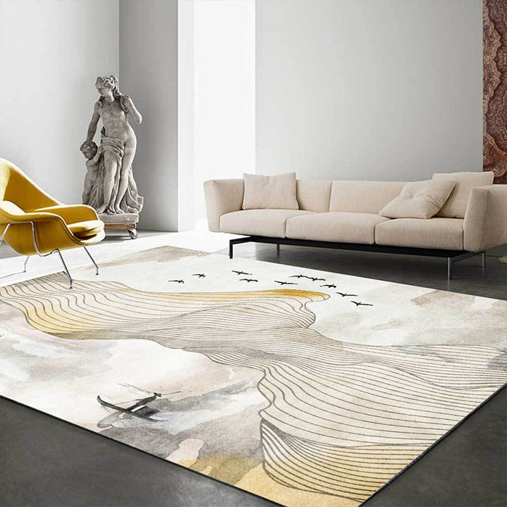 Lisslune | Vintage Swirl Stripe pattern rug with bird and character yellow polyester rug machine washable non-slip rug for the bedroom