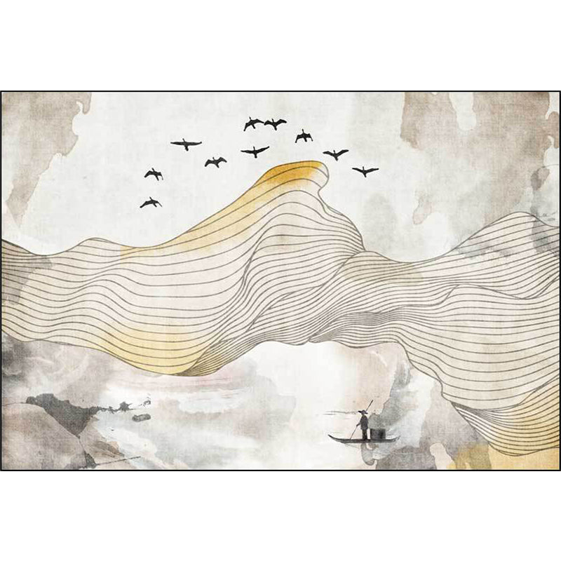 Lisslune | Vintage Swirl Stripe pattern rug with bird and character yellow polyester rug machine washable non-slip rug for the bedroom