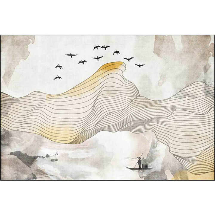 Lisslune | Vintage Swirl Stripe pattern rug with bird and character yellow polyester rug machine washable non-slip rug for the bedroom