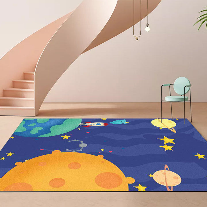 Lisslune | Purple Children's Room Carpet Kids Space Planet Star Airplane Pattern Area Rug Polyester Non-Slip Back Carpet