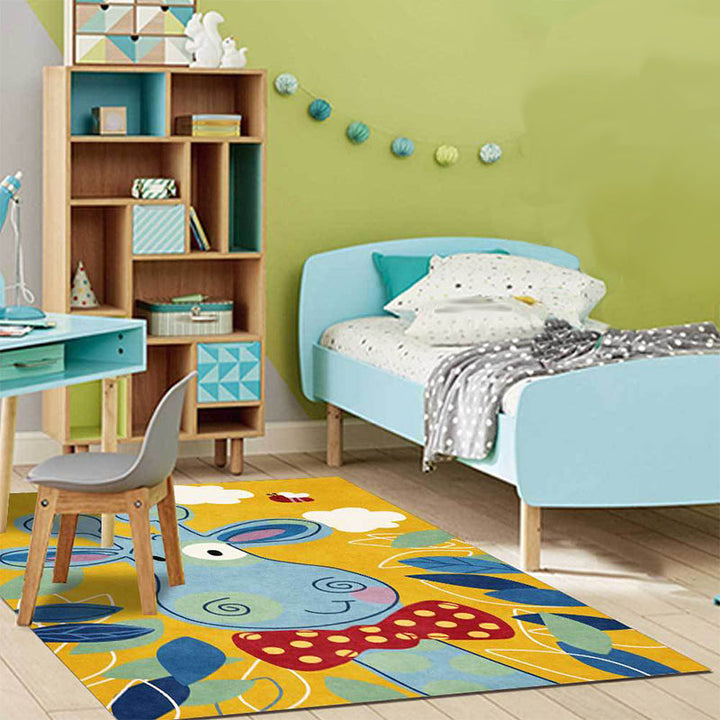 Lisslune | Children's Bedroom Rug in Blue and Yellow Animal Giraffe Cloud Leaf Print Rug Polyester Washable Rug