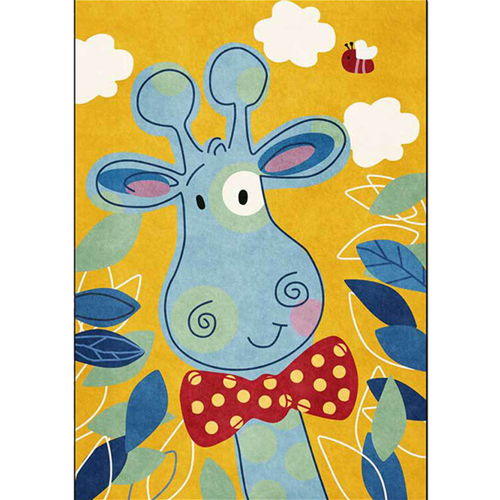 Lisslune | Children's Bedroom Rug in Blue and Yellow Animal Giraffe Cloud Leaf Print Rug Polyester Washable Rug