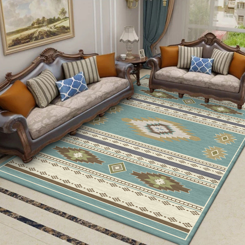 Lisslune | Unique geometric pattern rug Blue and Green Vintage rug Polyester Washable Non-slip backing Rug for bedroom