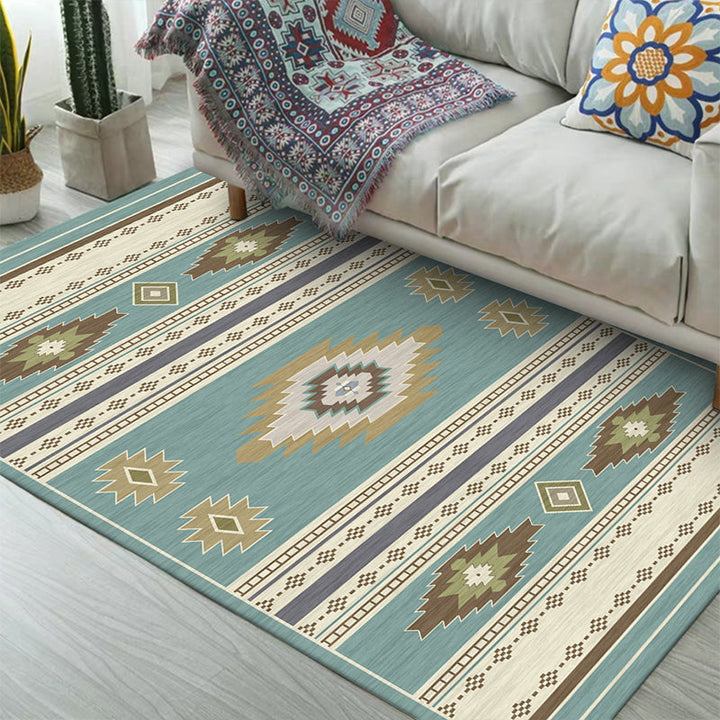 Lisslune | Unique geometric pattern rug Blue and Green Vintage rug Polyester Washable Non-slip backing Rug for bedroom