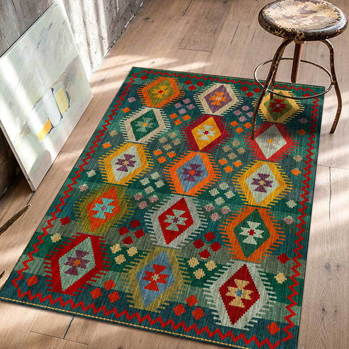 Lisslune | Classic geometric patterned carpet Green Vintage carpet Polyester Washable non-slip backing Carpet for bedroom