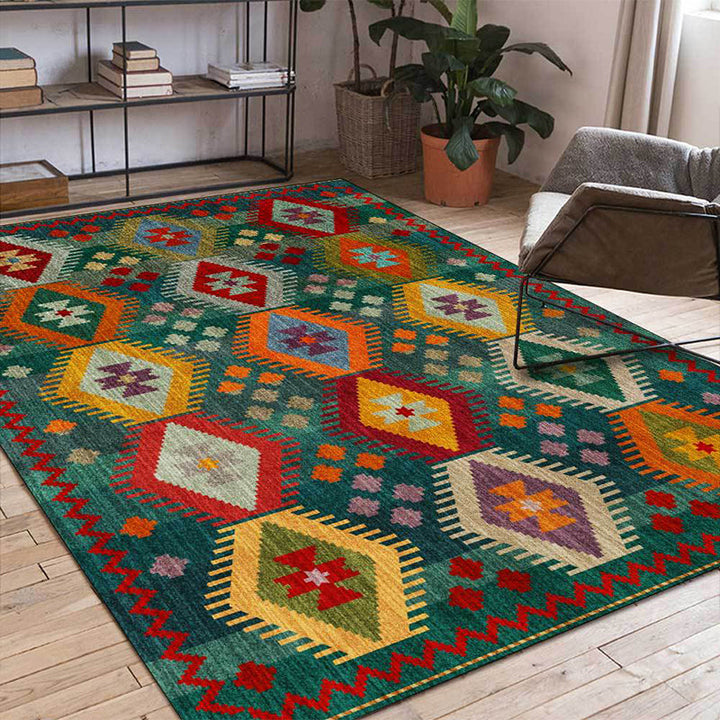 Lisslune | Classic geometric patterned carpet Green Vintage carpet Polyester Washable non-slip backing Carpet for bedroom