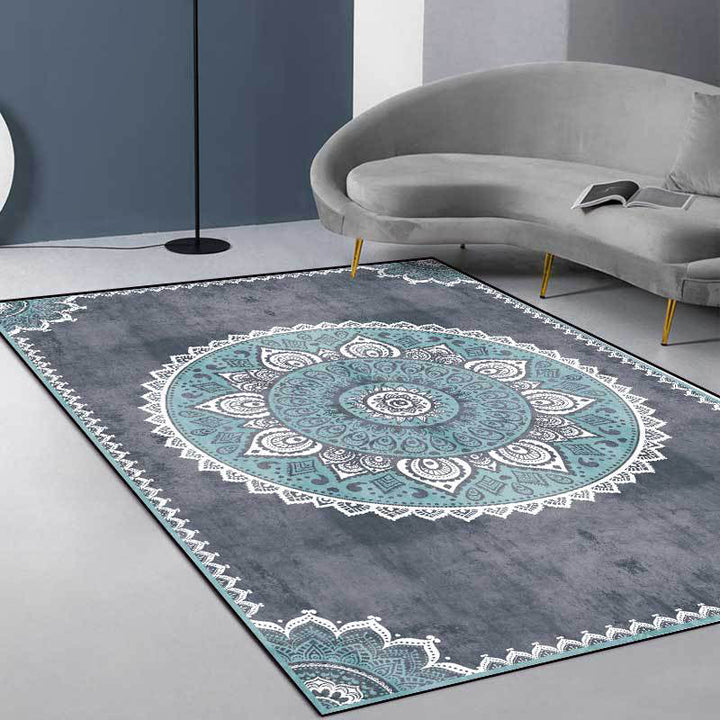Lisslune | Blue and Gray Moroccan Carpet Polyester Floral Pattern Washable Carpet Non-slip Back Carpet for Living Room