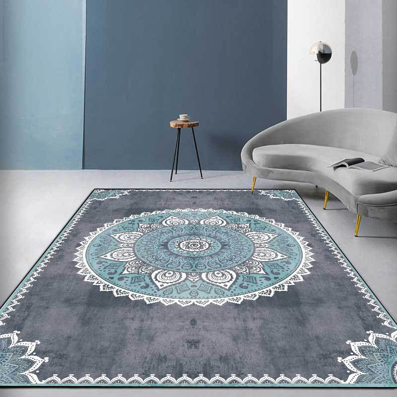 Lisslune | Blue and Gray Moroccan Carpet Polyester Floral Pattern Washable Carpet Non-slip Back Carpet for Living Room
