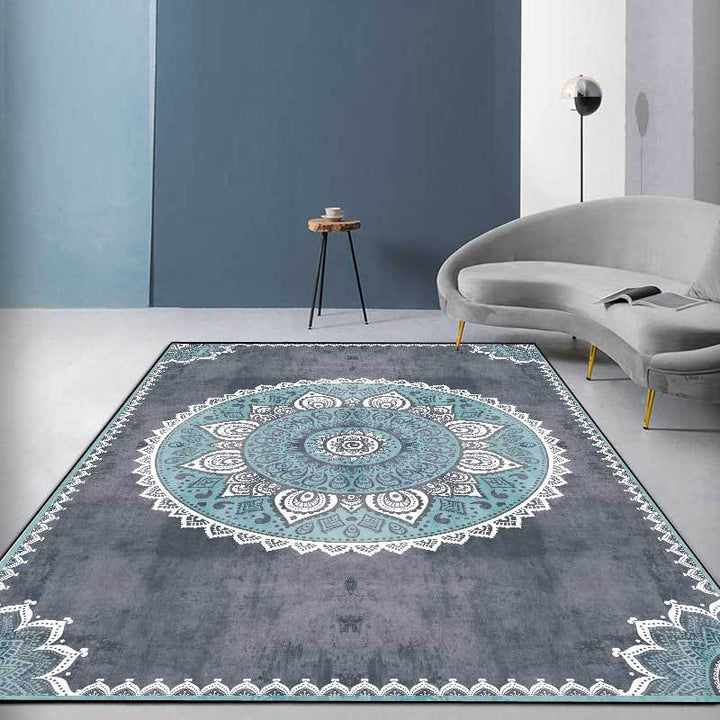 Lisslune | Blue and Gray Moroccan Carpet Polyester Floral Pattern Washable Carpet Non-slip Back Carpet for Living Room