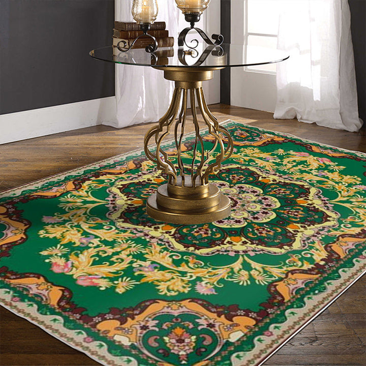 Lisslune | Moroccan Medallion Pattern Carpet with Flower Theme Green Polyester Carpet Machine Washable Non-Slip Area Rug for the Living Room