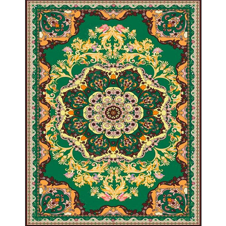 Lisslune | Moroccan Medallion Pattern Carpet with Flower Theme Green Polyester Carpet Machine Washable Non-Slip Area Rug for the Living Room