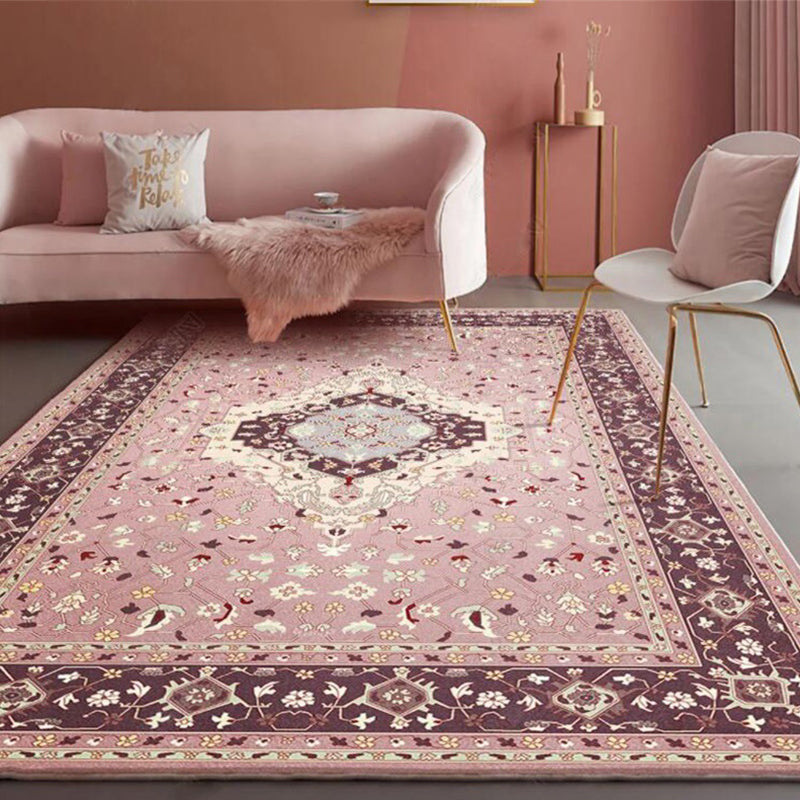 Lisslune | Pink Mediterranean Carpet Polyester Medallion and Floral Pattern Carpet Washable Non-Slip Back Carpet for Living Room