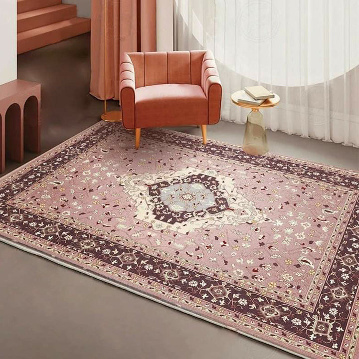 Lisslune | Pink Mediterranean Carpet Polyester Medallion and Floral Pattern Carpet Washable Non-Slip Back Carpet for Living Room