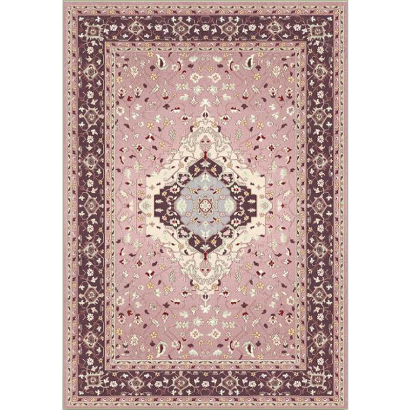 Lisslune | Pink Mediterranean Carpet Polyester Medallion and Floral Pattern Carpet Washable Non-Slip Back Carpet for Living Room