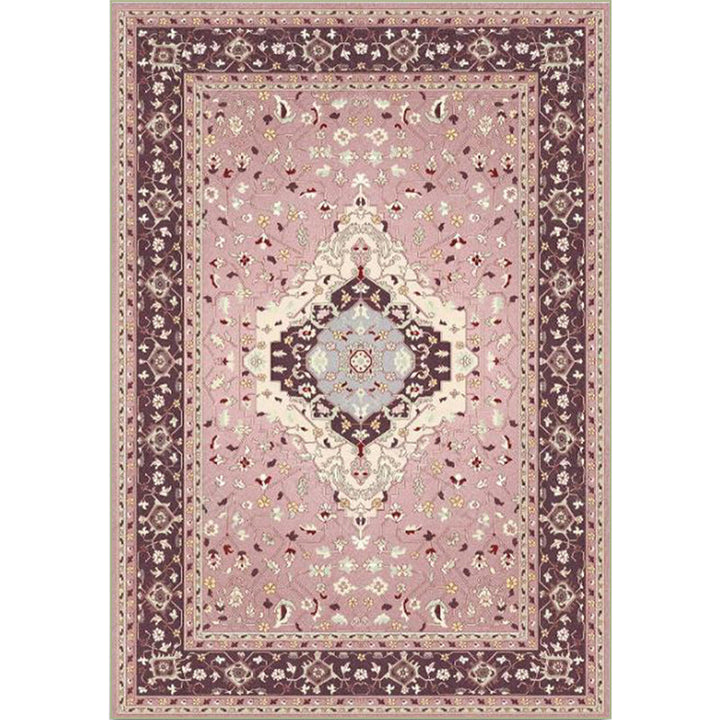 Lisslune | Pink Mediterranean Carpet Polyester Medallion and Floral Pattern Carpet Washable Non-Slip Back Carpet for Living Room