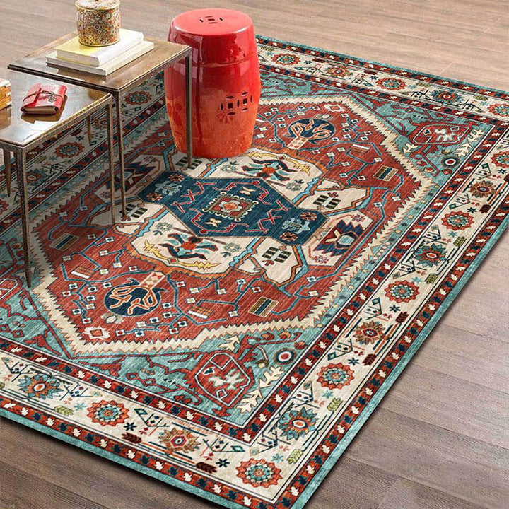 Lisslune | Vintage Medallion Pattern Rug Red and Green Polyester Rug Machine Washable Non-Slip Area Rug for the Living Room
