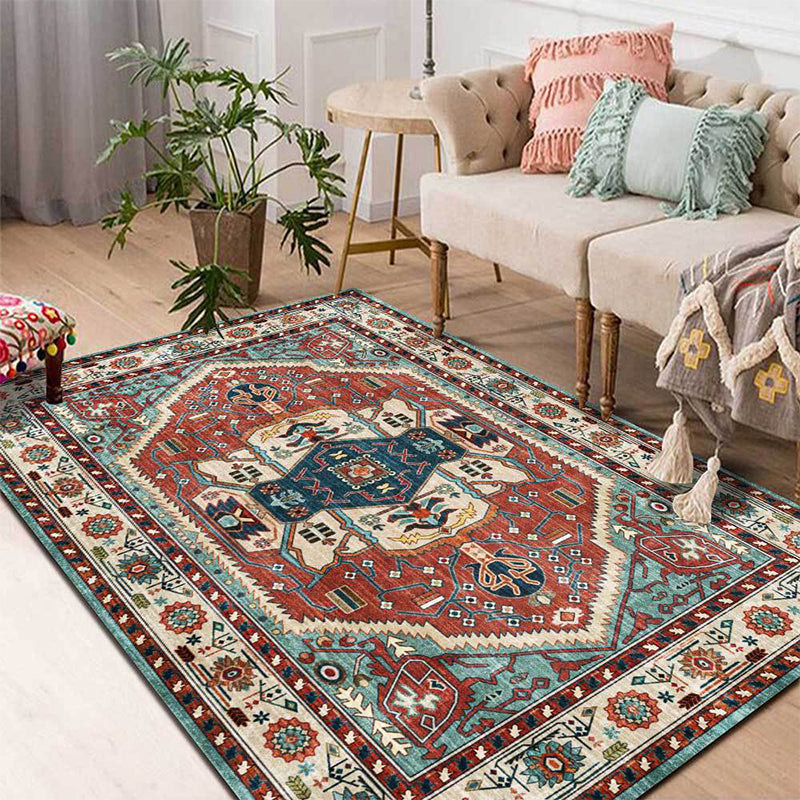 Lisslune | Vintage Medallion Pattern Rug Red and Green Polyester Rug Machine Washable Non-Slip Area Rug for the Living Room