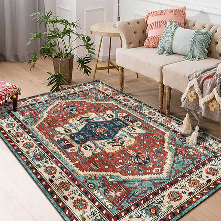 Lisslune | Vintage Medallion Pattern Rug Red and Green Polyester Rug Machine Washable Non-Slip Area Rug for the Living Room
