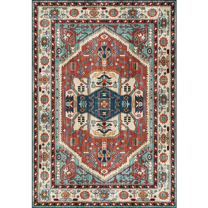 Lisslune | Vintage Medallion Pattern Rug Red and Green Polyester Rug Machine Washable Non-Slip Area Rug for the Living Room