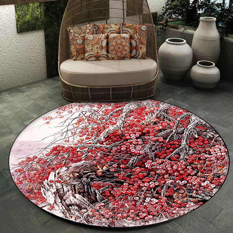 Lisslune | Red Oriental Carpet Polyester Flower and Branch Pattern Washable Non-Slip Back Carpet for Bedroom