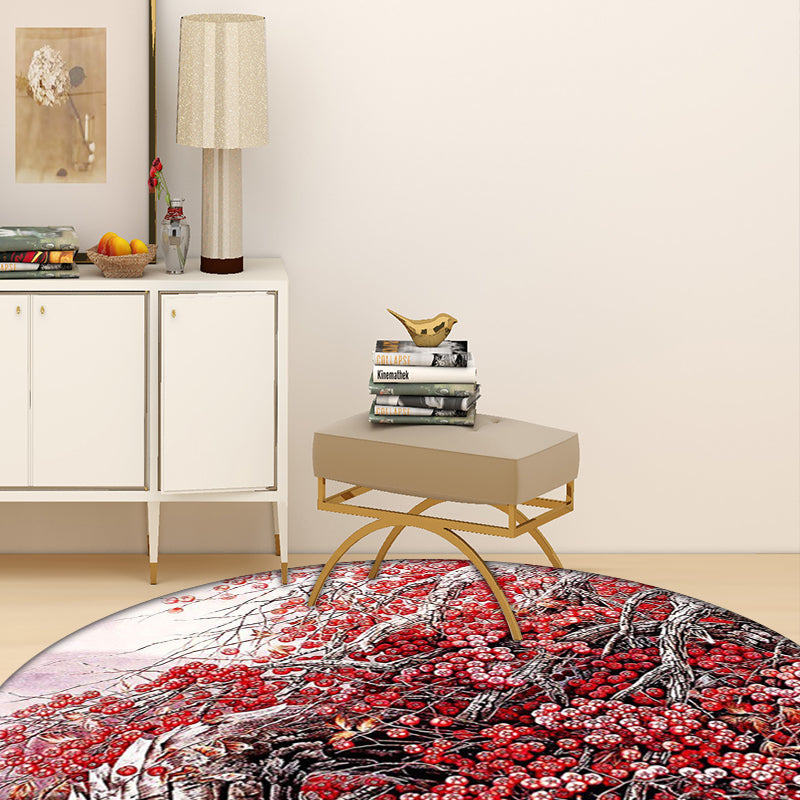 Lisslune | Red Oriental Carpet Polyester Flower and Branch Pattern Washable Non-Slip Back Carpet for Bedroom