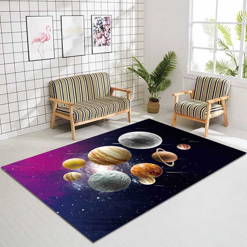 Lisslune | Kids' Bedroom Rug in Black and Purple Space Galaxy Planet Print Rug Polyester Machine Washable Rug