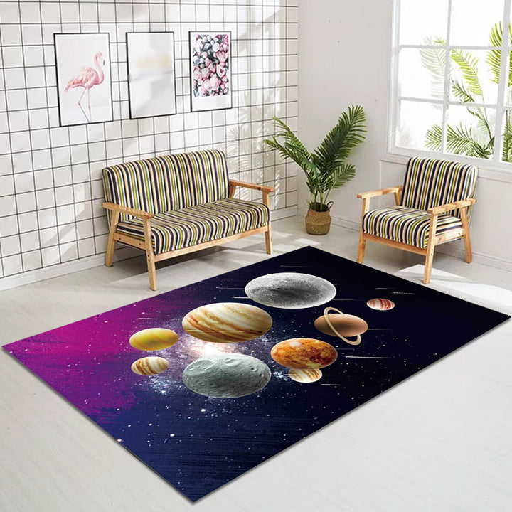 Lisslune | Kids' Bedroom Rug in Black and Purple Space Galaxy Planet Print Rug Polyester Machine Washable Rug