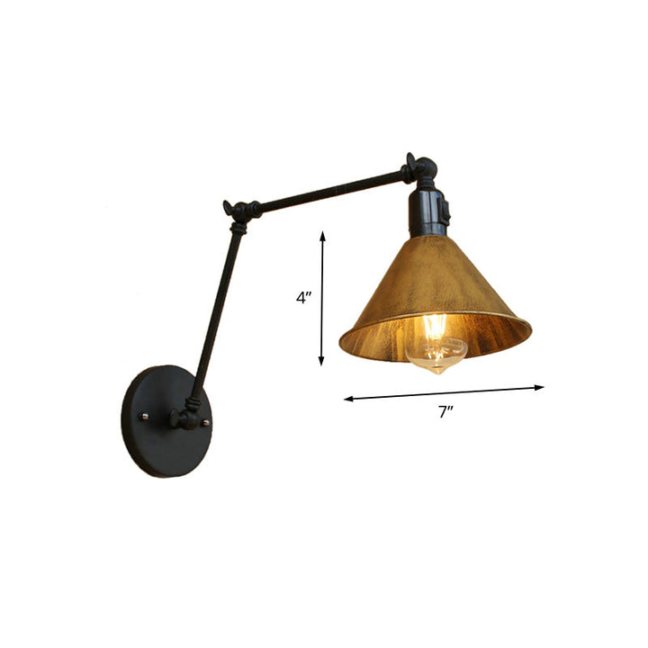 Lisslune | Swing Arm Bedroom Wall Light Vintage Style Metallic 1 Head Antique Brass Wall Lamp with Cone Shade