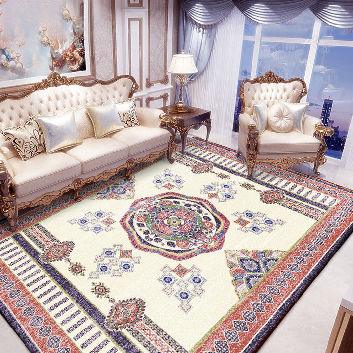 Lisslune | Beige and Red Vintage Carpet Polyester Medallion Pattern Carpet Washable Non-Slip Underlay Carpet for Living Room