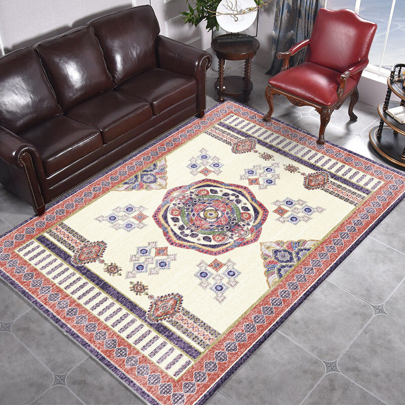 Lisslune | Beige and Red Vintage Carpet Polyester Medallion Pattern Carpet Washable Non-Slip Underlay Carpet for Living Room