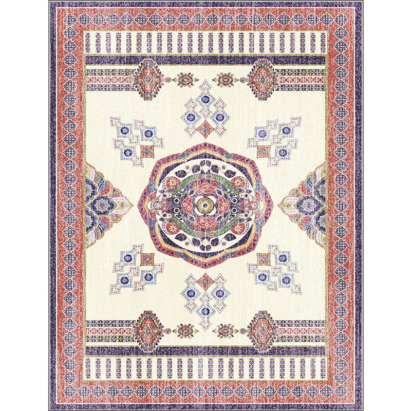 Lisslune | Beige and Red Vintage Carpet Polyester Medallion Pattern Carpet Washable Non-Slip Underlay Carpet for Living Room